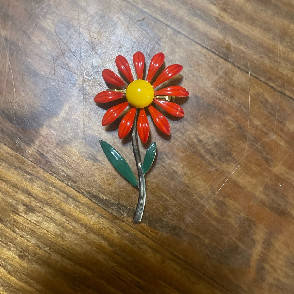 Vintage Red and Yellow Enamel Flower Brooch Pin 60s 70s retro spring garden